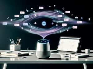 Futuristisches Büro mit Laptop, Notion-Logo, Smart-Lautsprecher und visualisierten Voice-Kommandos, verbunden mit digitalen Boards und To-Do-Listen.