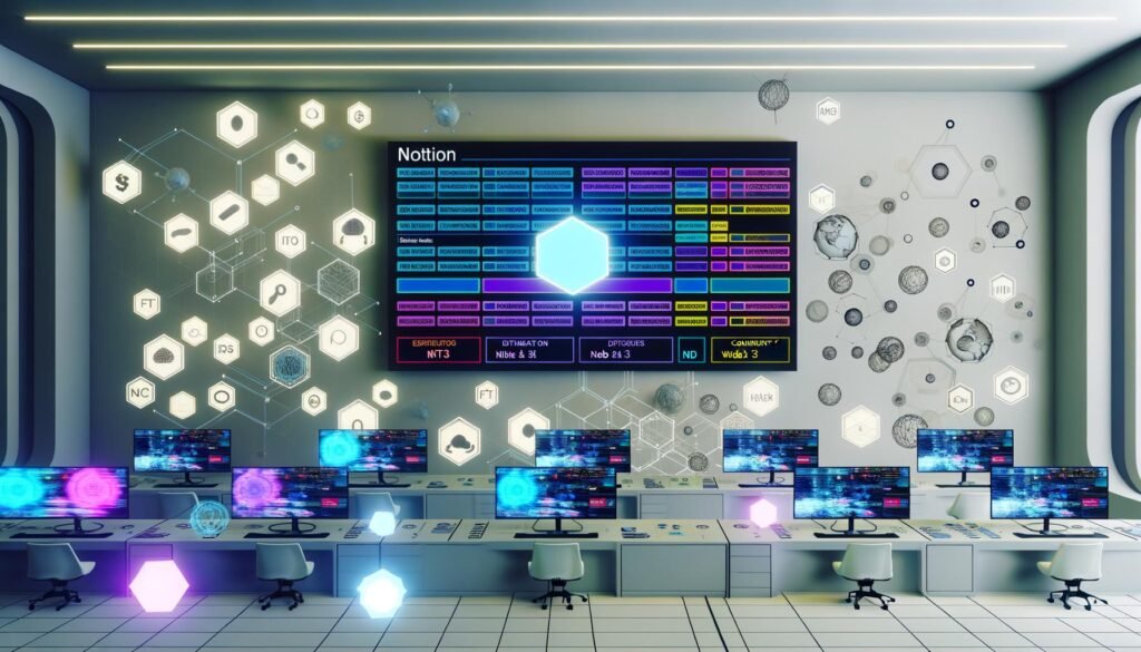 Futuristisches Kontrollzentrum in heller Ästhetik mit großer Notion-Podcast-Datenbank, umgeben von Web3-Symbolen und holografischen Workflows.