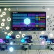 Futuristisches Kontrollzentrum in heller Ästhetik mit großer Notion-Podcast-Datenbank, umgeben von Web3-Symbolen und holografischen Workflows.