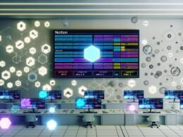 Futuristisches Kontrollzentrum in heller Ästhetik mit großer Notion-Podcast-Datenbank, umgeben von Web3-Symbolen und holografischen Workflows.