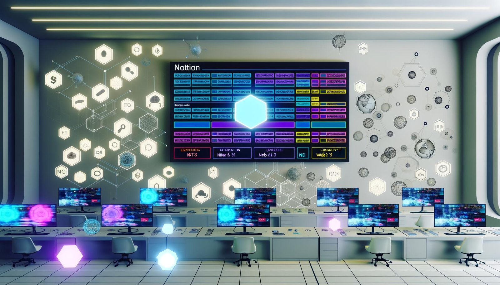 Futuristisches Kontrollzentrum in heller Ästhetik mit großer Notion-Podcast-Datenbank, umgeben von Web3-Symbolen und holografischen Workflows.