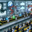 Futuristische Fabrik zur Videoproduktion mit Robotern, KI-Avataren, Social-Media-Symbolen und großen Dashboards, die Hunderte von automatisierten Video-Thumbnails erstellen.