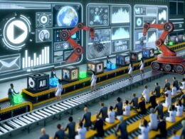 Futuristische Fabrik zur Videoproduktion mit Robotern, KI-Avataren, Social-Media-Symbolen und großen Dashboards, die Hunderte von automatisierten Video-Thumbnails erstellen.