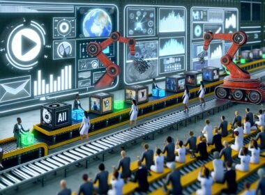 Futuristische Fabrik zur Videoproduktion mit Robotern, KI-Avataren, Social-Media-Symbolen und großen Dashboards, die Hunderte von automatisierten Video-Thumbnails erstellen.