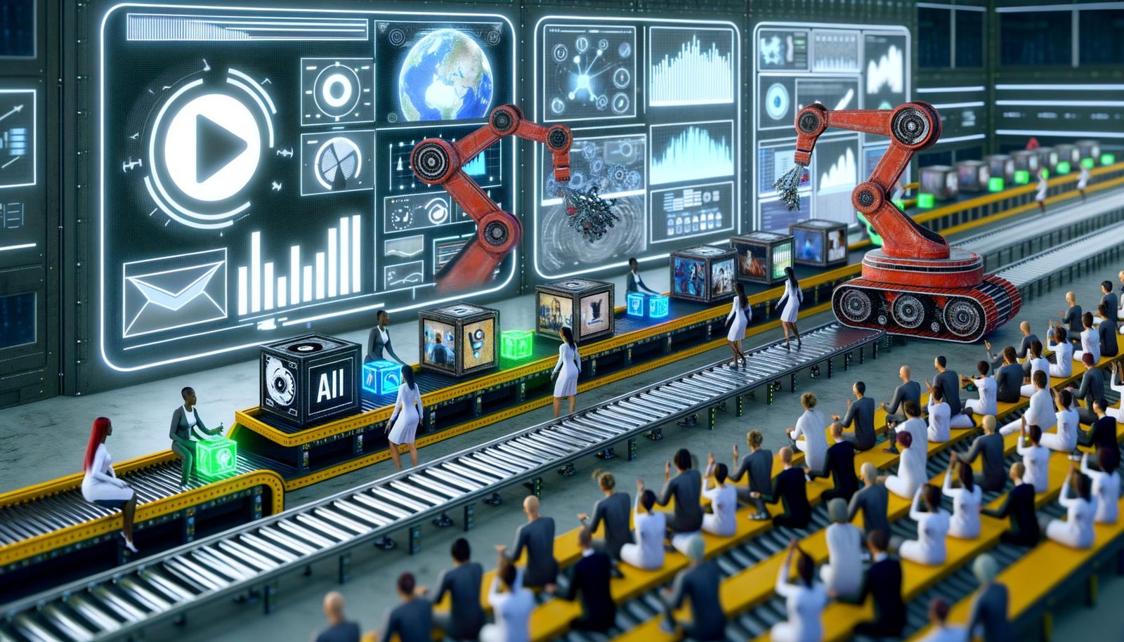 Futuristische Fabrik zur Videoproduktion mit Robotern, KI-Avataren, Social-Media-Symbolen und großen Dashboards, die Hunderte von automatisierten Video-Thumbnails erstellen.