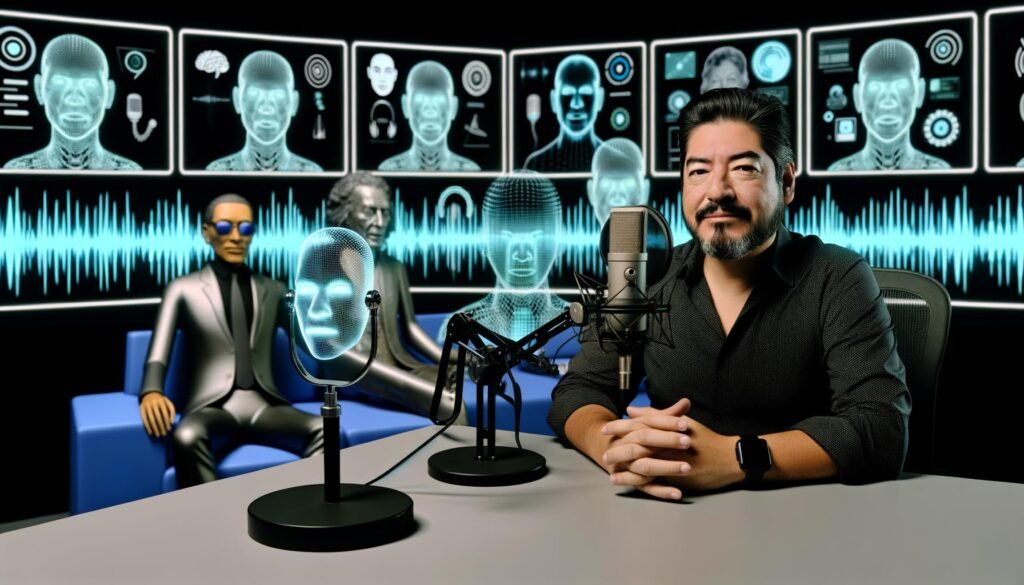 Futuristisches Podcast-Studio mit Moderator, digitalen Monitoren, KI-Wellenformen, holografischen Übersetzungs-Avataren und virtuellen Gästen verstorbener Berühmtheiten.