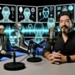 Futuristisches Podcast-Studio mit Moderator, digitalen Monitoren, KI-Wellenformen, holografischen Übersetzungs-Avataren und virtuellen Gästen verstorbener Berühmtheiten.