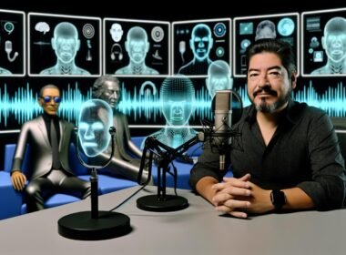 Futuristisches Podcast-Studio mit Moderator, digitalen Monitoren, KI-Wellenformen, holografischen Übersetzungs-Avataren und virtuellen Gästen verstorbener Berühmtheiten.