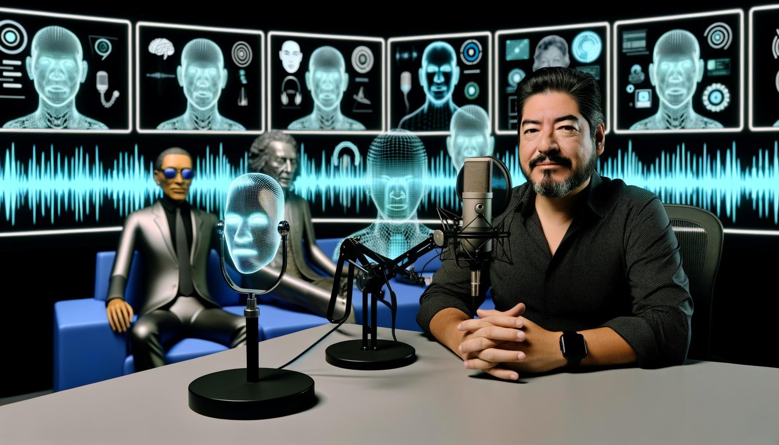 Futuristisches Podcast-Studio mit Moderator, digitalen Monitoren, KI-Wellenformen, holografischen Übersetzungs-Avataren und virtuellen Gästen verstorbener Berühmtheiten.