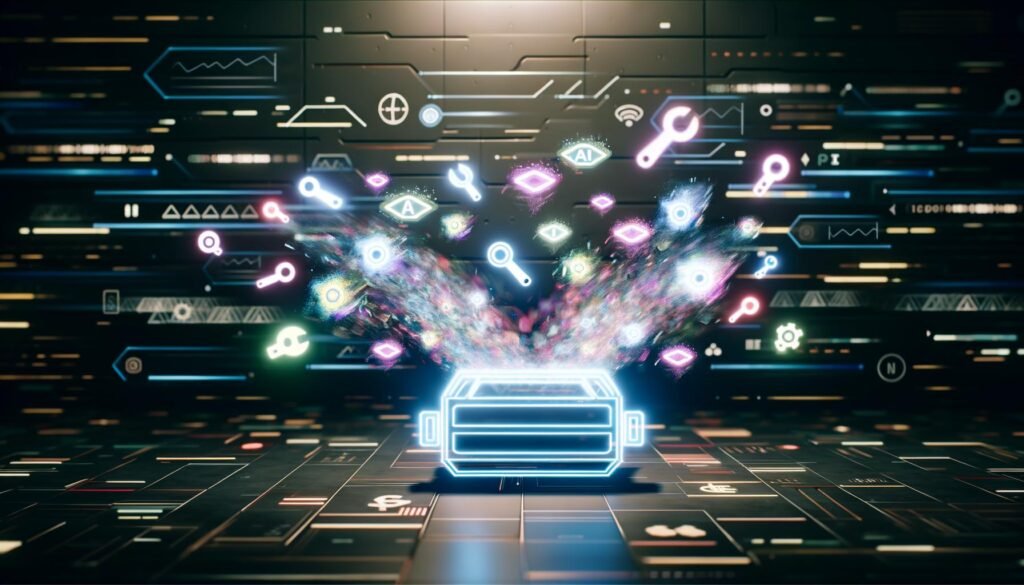Futuristischer digitaler Werkzeugkasten mit Hologrammen von Trendkurven, KI-Symbolen, API-Anschlüssen, Bots und Memes vor abstrakten Social-Media- und Data-Stream-Elementen, darüber der Schriftzug 'Virale Content Tools'.
