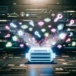 Futuristischer digitaler Werkzeugkasten mit Hologrammen von Trendkurven, KI-Symbolen, API-Anschlüssen, Bots und Memes vor abstrakten Social-Media- und Data-Stream-Elementen, darüber der Schriftzug 'Virale Content Tools'.