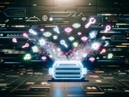Futuristischer digitaler Werkzeugkasten mit Hologrammen von Trendkurven, KI-Symbolen, API-Anschlüssen, Bots und Memes vor abstrakten Social-Media- und Data-Stream-Elementen, darüber der Schriftzug 'Virale Content Tools'.