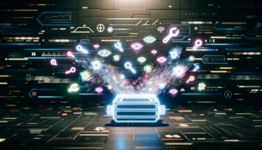 Futuristischer digitaler Werkzeugkasten mit Hologrammen von Trendkurven, KI-Symbolen, API-Anschlüssen, Bots und Memes vor abstrakten Social-Media- und Data-Stream-Elementen, darüber der Schriftzug 'Virale Content Tools'.