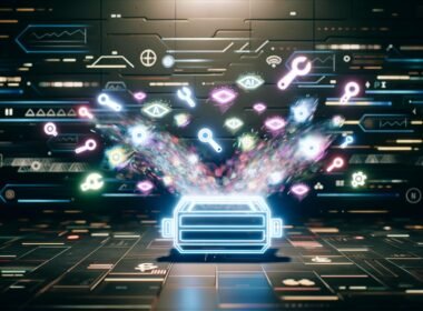 Futuristischer digitaler Werkzeugkasten mit Hologrammen von Trendkurven, KI-Symbolen, API-Anschlüssen, Bots und Memes vor abstrakten Social-Media- und Data-Stream-Elementen, darüber der Schriftzug 'Virale Content Tools'.