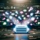Futuristischer digitaler Werkzeugkasten mit Hologrammen von Trendkurven, KI-Symbolen, API-Anschlüssen, Bots und Memes vor abstrakten Social-Media- und Data-Stream-Elementen, darüber der Schriftzug 'Virale Content Tools'.