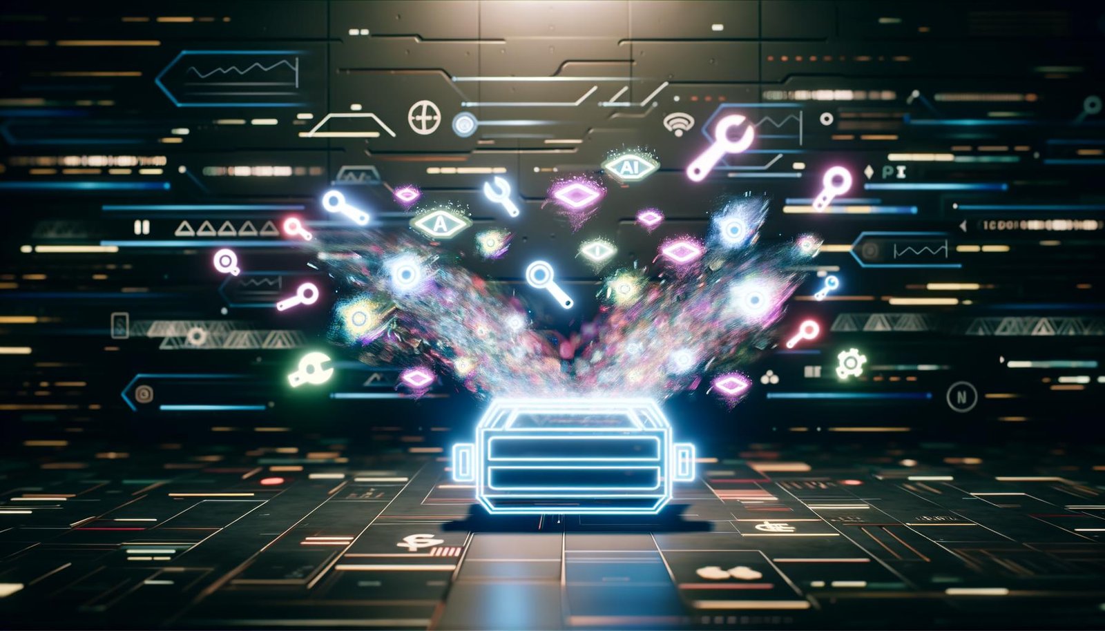 Futuristischer digitaler Werkzeugkasten mit Hologrammen von Trendkurven, KI-Symbolen, API-Anschlüssen, Bots und Memes vor abstrakten Social-Media- und Data-Stream-Elementen, darüber der Schriftzug 'Virale Content Tools'.