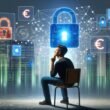 Junger Erwachsener vor einem Bildschirm mit Datenströmen, Symbolen für Identität, Sicherheit und Cookies, beobachtet von Tech-Giganten im Hintergrund.