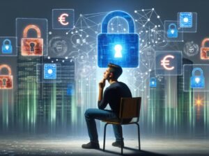 Junger Erwachsener vor einem Bildschirm mit Datenströmen, Symbolen für Identität, Sicherheit und Cookies, beobachtet von Tech-Giganten im Hintergrund.