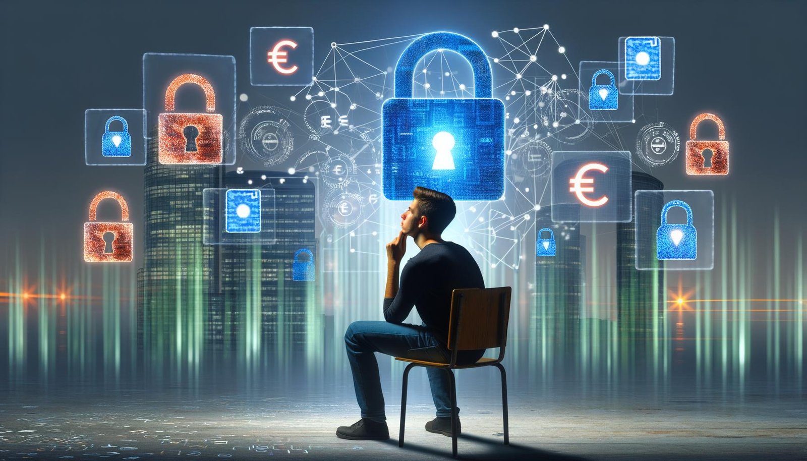 Junger Erwachsener vor einem Bildschirm mit Datenströmen, Symbolen für Identität, Sicherheit und Cookies, beobachtet von Tech-Giganten im Hintergrund.