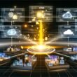 Zentrale Datenplattform in einem modernen Unternehmen, erleuchtete Datenströme verbinden verschiedene IT-Systeme, Menschen arbeiten gemeinsam an digitalen Geräten in einer futuristischen Büroumgebung.