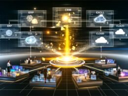 Zentrale Datenplattform in einem modernen Unternehmen, erleuchtete Datenströme verbinden verschiedene IT-Systeme, Menschen arbeiten gemeinsam an digitalen Geräten in einer futuristischen Büroumgebung.
