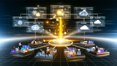 Zentrale Datenplattform in einem modernen Unternehmen, erleuchtete Datenströme verbinden verschiedene IT-Systeme, Menschen arbeiten gemeinsam an digitalen Geräten in einer futuristischen Büroumgebung.