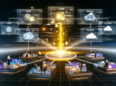 Zentrale Datenplattform in einem modernen Unternehmen, erleuchtete Datenströme verbinden verschiedene IT-Systeme, Menschen arbeiten gemeinsam an digitalen Geräten in einer futuristischen Büroumgebung.