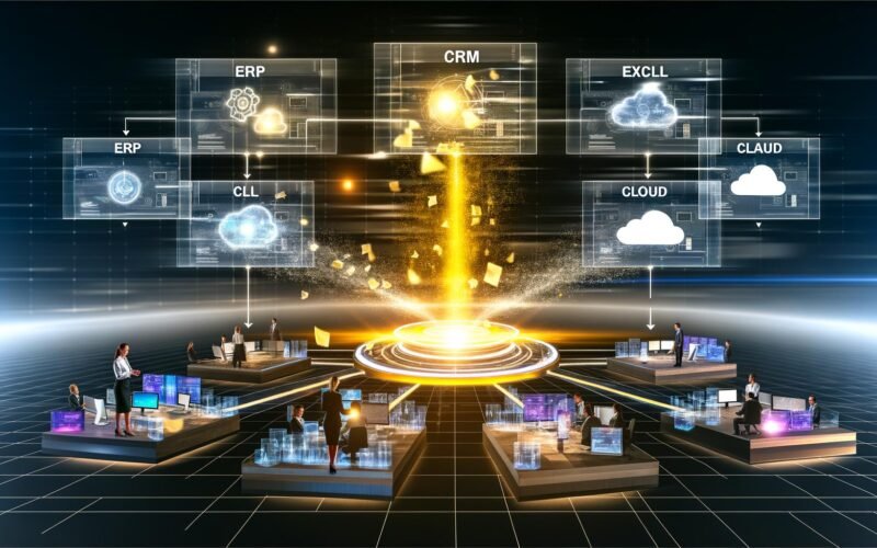 Zentrale Datenplattform in einem modernen Unternehmen, erleuchtete Datenströme verbinden verschiedene IT-Systeme, Menschen arbeiten gemeinsam an digitalen Geräten in einer futuristischen Büroumgebung.