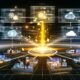 Zentrale Datenplattform in einem modernen Unternehmen, erleuchtete Datenströme verbinden verschiedene IT-Systeme, Menschen arbeiten gemeinsam an digitalen Geräten in einer futuristischen Büroumgebung.