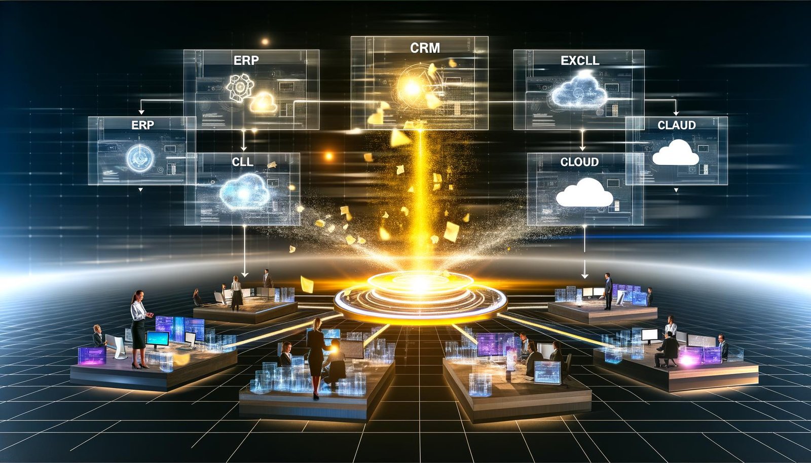 Zentrale Datenplattform in einem modernen Unternehmen, erleuchtete Datenströme verbinden verschiedene IT-Systeme, Menschen arbeiten gemeinsam an digitalen Geräten in einer futuristischen Büroumgebung.