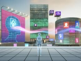 Futuristische minimalistische Skyline mit fließenden Datenströmen, digitalen Werbetafeln mit Markenbotschaften und einer halb digitalen Person vor einem Brand Voice Hologramm