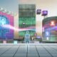 Futuristische minimalistische Skyline mit fließenden Datenströmen, digitalen Werbetafeln mit Markenbotschaften und einer halb digitalen Person vor einem Brand Voice Hologramm