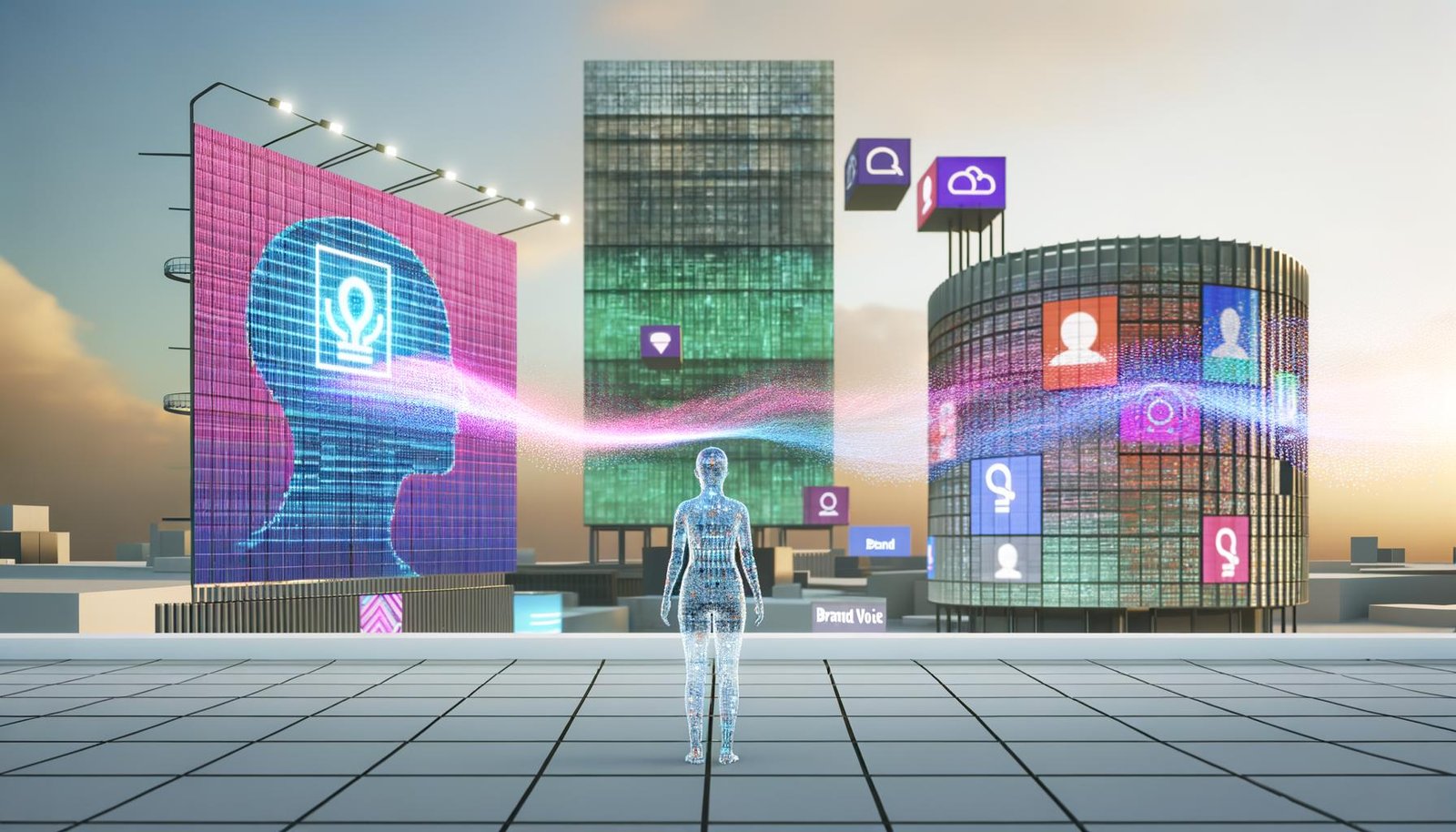 Futuristische minimalistische Skyline mit fließenden Datenströmen, digitalen Werbetafeln mit Markenbotschaften und einer halb digitalen Person vor einem Brand Voice Hologramm