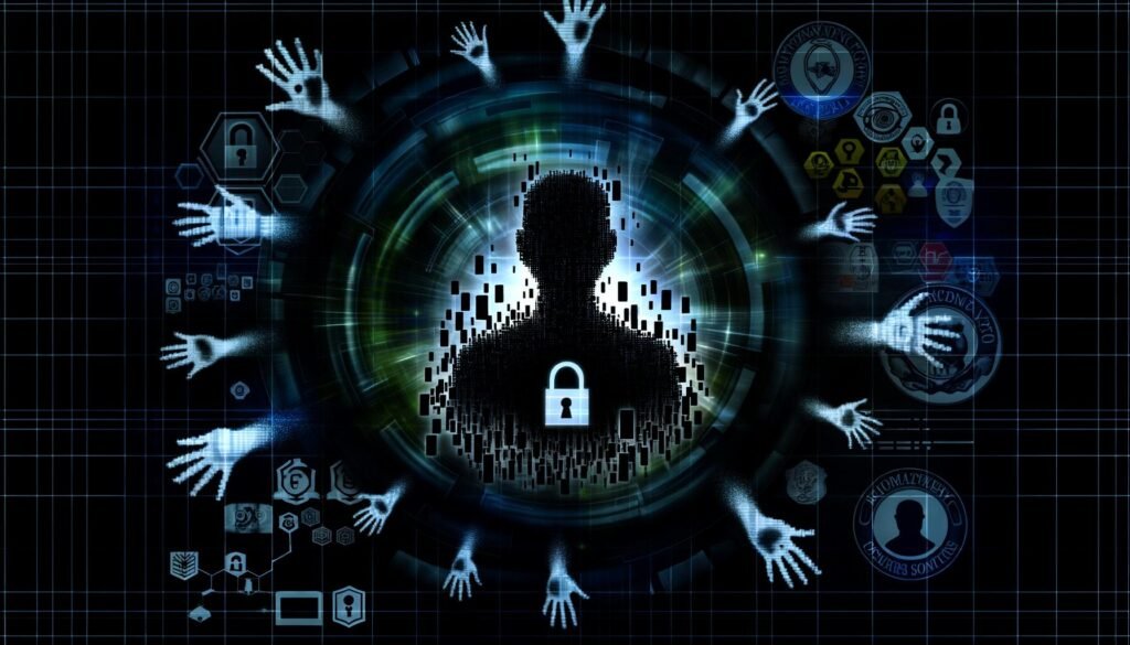 Illustration einer digitalen Silhouette mit Datenfragmenten, umgeben von Schattenhänden, leuchtenden Datenströmen und Symbolen für Behörden und große Tech-Unternehmen.