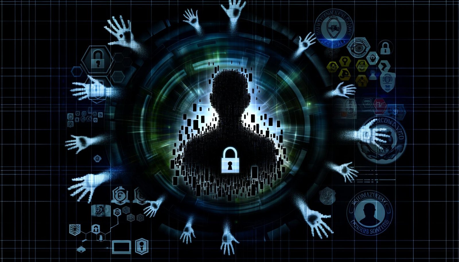 Illustration einer digitalen Silhouette mit Datenfragmenten, umgeben von Schattenhänden, leuchtenden Datenströmen und Symbolen für Behörden und große Tech-Unternehmen.
