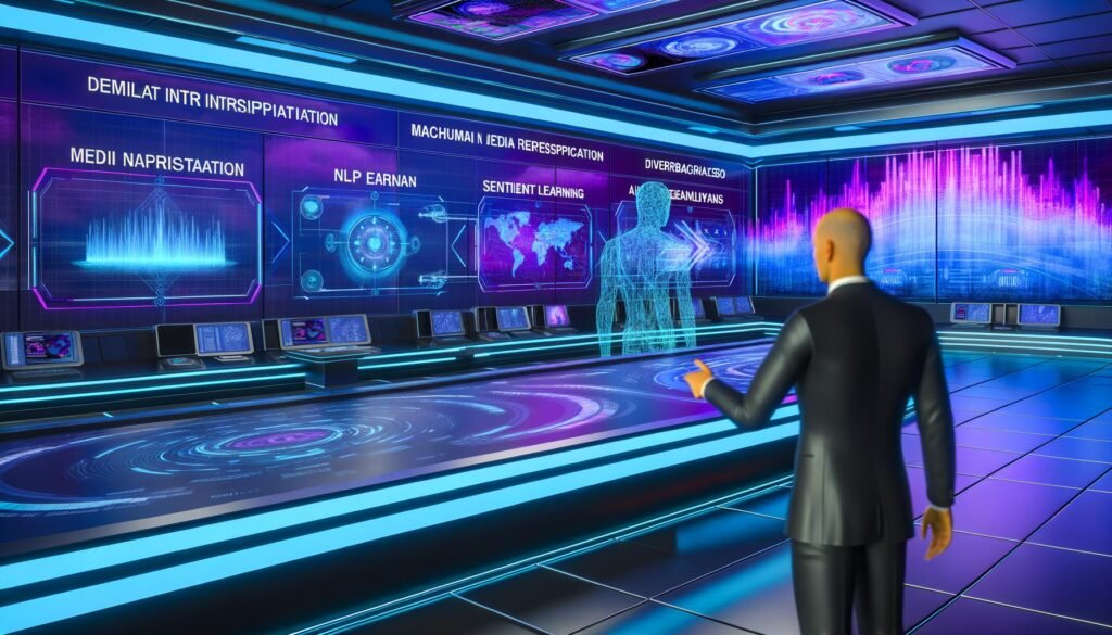Futuristischer Newsroom mit digitalen Interfaces, Hologrammen, KI-Avataren und Datenanalysen in blau-violettem Licht