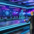 Futuristischer Newsroom mit digitalen Interfaces, Hologrammen, KI-Avataren und Datenanalysen in blau-violettem Licht