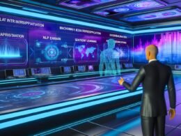Futuristischer Newsroom mit digitalen Interfaces, Hologrammen, KI-Avataren und Datenanalysen in blau-violettem Licht