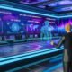 Futuristischer Newsroom mit digitalen Interfaces, Hologrammen, KI-Avataren und Datenanalysen in blau-violettem Licht