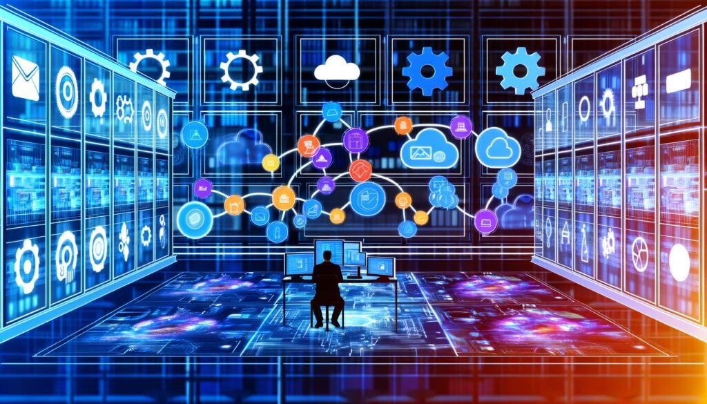 Minimalistische Illustration eines modernen Marketingbüros mit Person vor mehreren Bildschirmen, die Marketing-Tools und fließende Datenströme zeigen. Im Hintergrund Cloud-Symbole, Serverracks und Monitoring-Icons in blauen Tönen mit Neon-Orange und Lila.