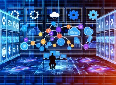 Minimalistische Illustration eines modernen Marketingbüros mit Person vor mehreren Bildschirmen, die Marketing-Tools und fließende Datenströme zeigen. Im Hintergrund Cloud-Symbole, Serverracks und Monitoring-Icons in blauen Tönen mit Neon-Orange und Lila.
