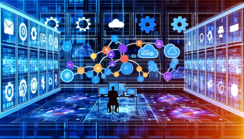Minimalistische Illustration eines modernen Marketingbüros mit Person vor mehreren Bildschirmen, die Marketing-Tools und fließende Datenströme zeigen. Im Hintergrund Cloud-Symbole, Serverracks und Monitoring-Icons in blauen Tönen mit Neon-Orange und Lila.