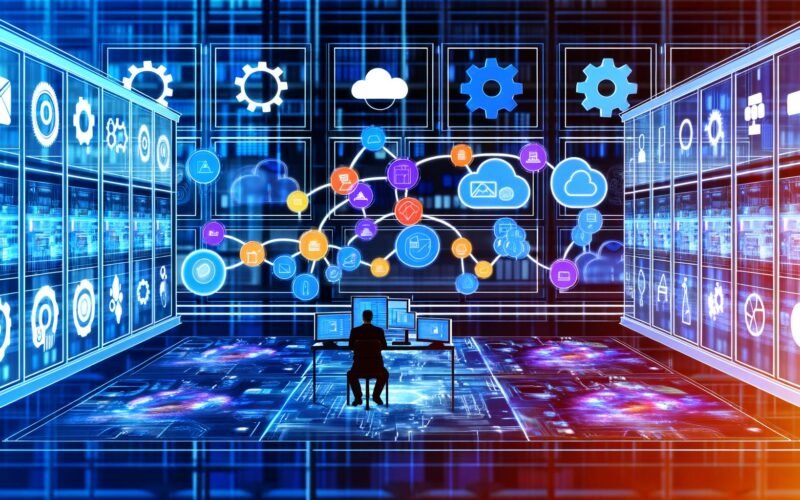 Minimalistische Illustration eines modernen Marketingbüros mit Person vor mehreren Bildschirmen, die Marketing-Tools und fließende Datenströme zeigen. Im Hintergrund Cloud-Symbole, Serverracks und Monitoring-Icons in blauen Tönen mit Neon-Orange und Lila.