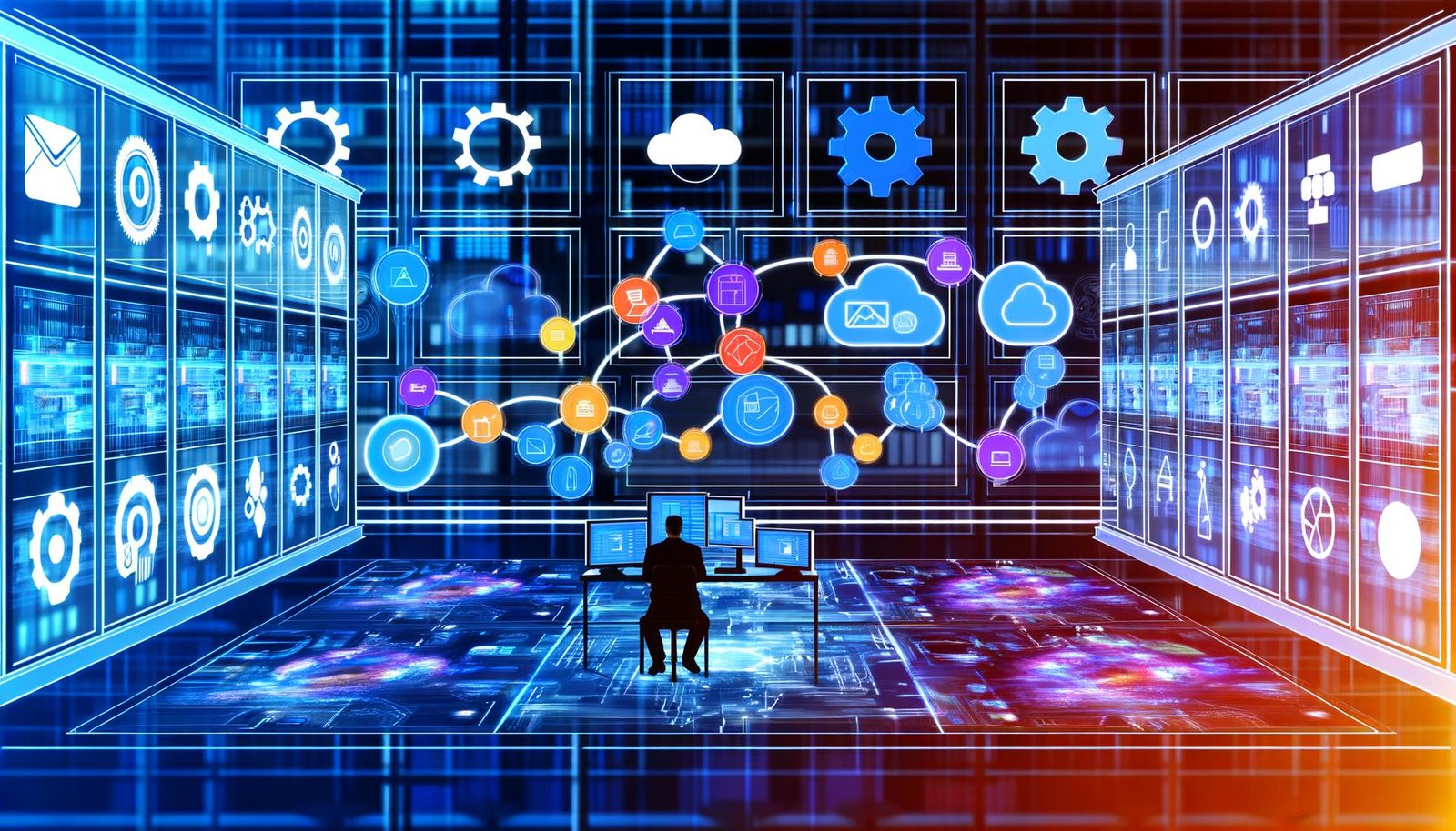 Minimalistische Illustration eines modernen Marketingbüros mit Person vor mehreren Bildschirmen, die Marketing-Tools und fließende Datenströme zeigen. Im Hintergrund Cloud-Symbole, Serverracks und Monitoring-Icons in blauen Tönen mit Neon-Orange und Lila.