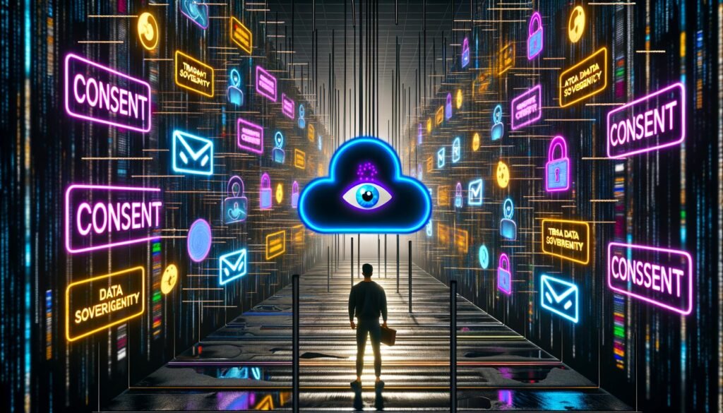 Mensch im digitalen Labyrinth voller Server, Datenströme, Cloud-Symbole, Consent-Banner und beobachtenden KI-Augen in düsterer, moderner Bürowelt.