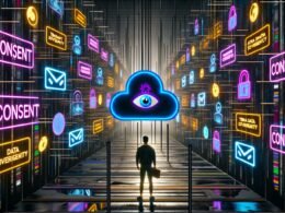 Mensch im digitalen Labyrinth voller Server, Datenströme, Cloud-Symbole, Consent-Banner und beobachtenden KI-Augen in düsterer, moderner Bürowelt.
