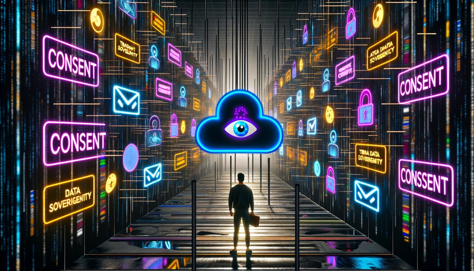 Mensch im digitalen Labyrinth voller Server, Datenströme, Cloud-Symbole, Consent-Banner und beobachtenden KI-Augen in düsterer, moderner Bürowelt.