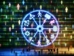 Visualisierung eines leuchtenden Hamsterrads aus Datenströmen und Social-Media-Icons, in dem transparente Menschen mit digitalen Fußspuren laufen, während Tech-Giganten-Logos bedrohlich darüber schweben.