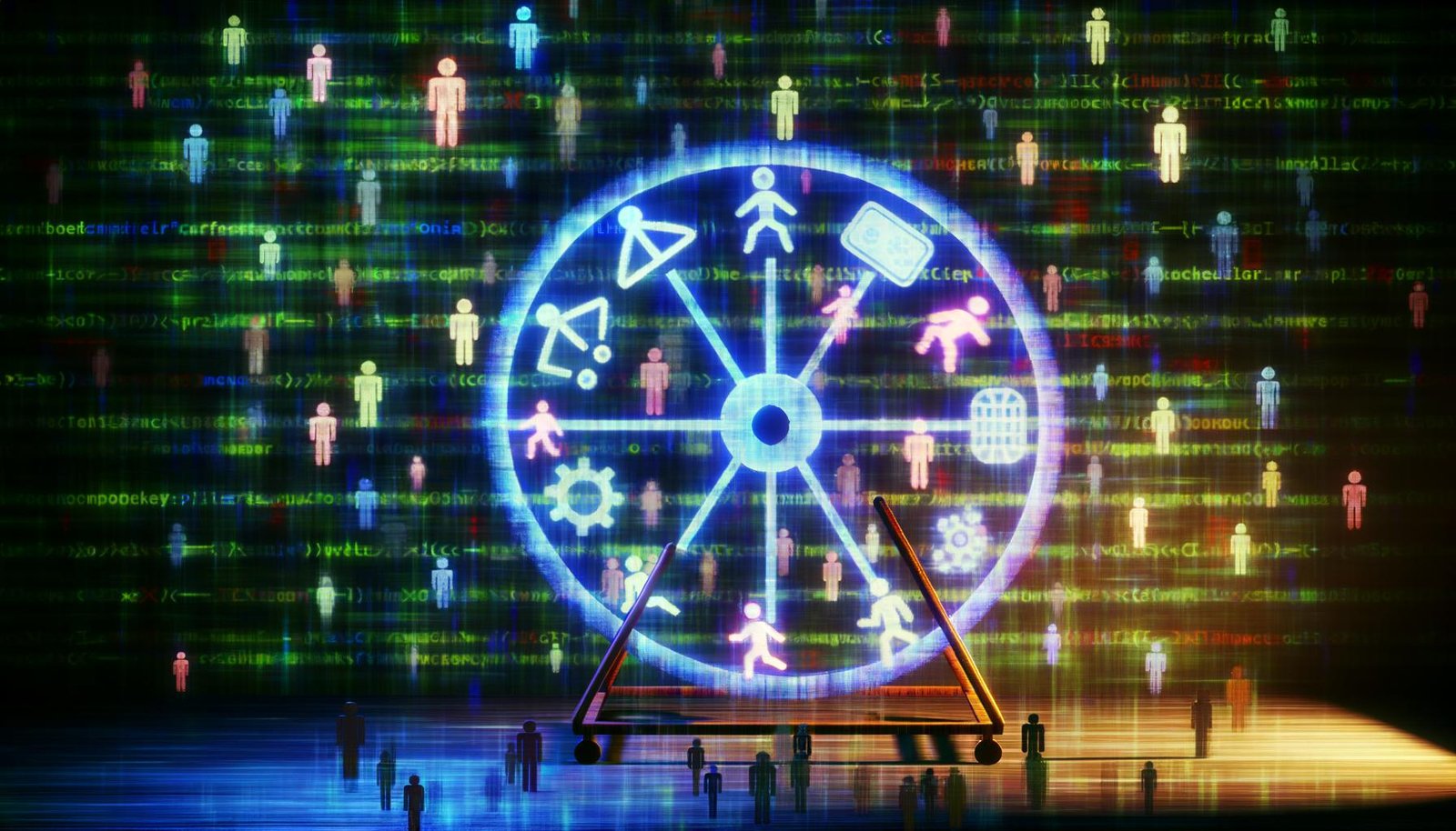 Visualisierung eines leuchtenden Hamsterrads aus Datenströmen und Social-Media-Icons, in dem transparente Menschen mit digitalen Fußspuren laufen, während Tech-Giganten-Logos bedrohlich darüber schweben.