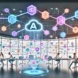 Dynamisches Marketing-Team in einem modernen Büro mit holografischem Bildschirm, diversen AI Prompt Tools und digitalen Whiteboards